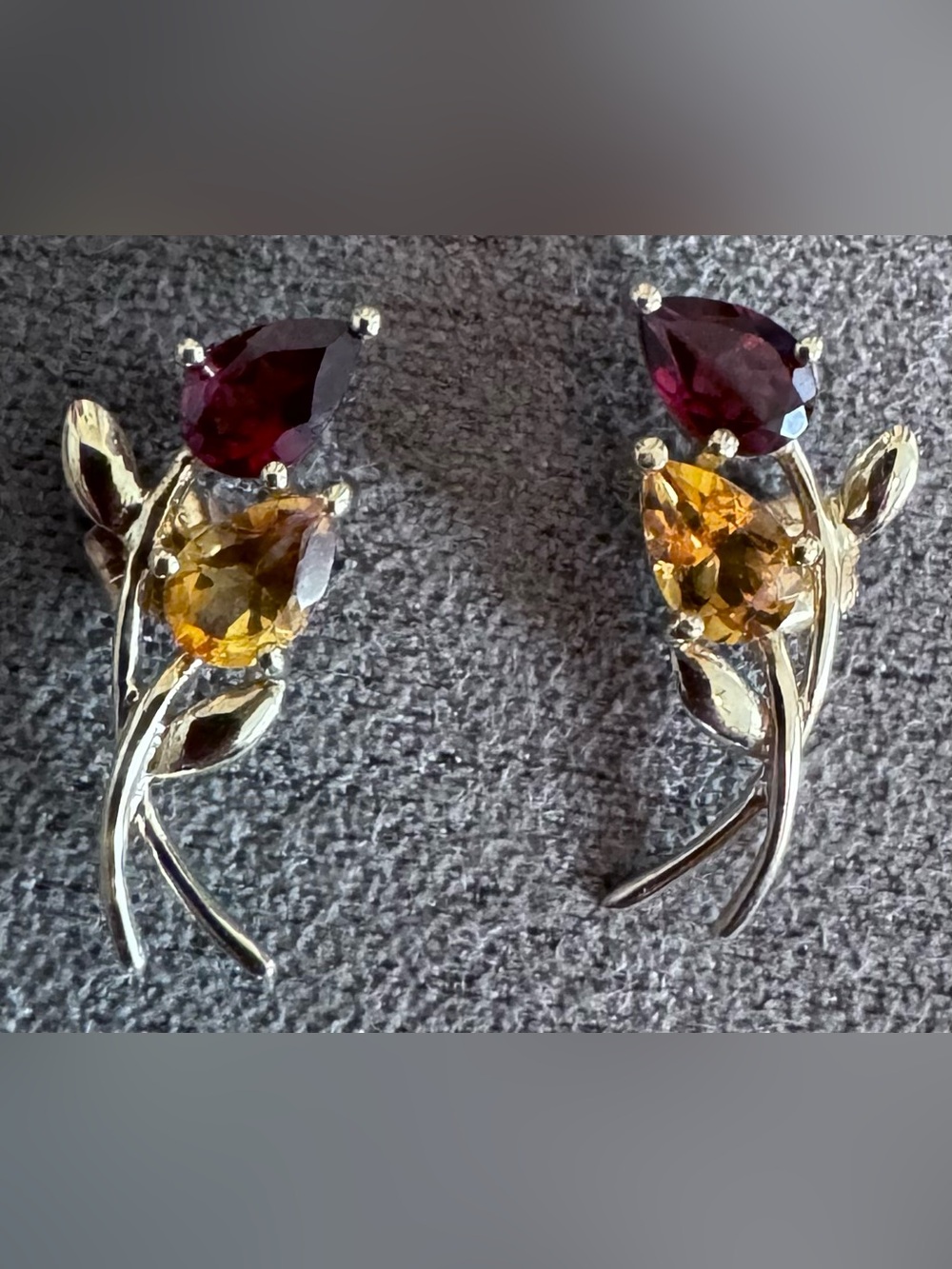 10K Gold Floral Earrings with Deep Red Garnet and Yellow Citrine - 14K Backs
